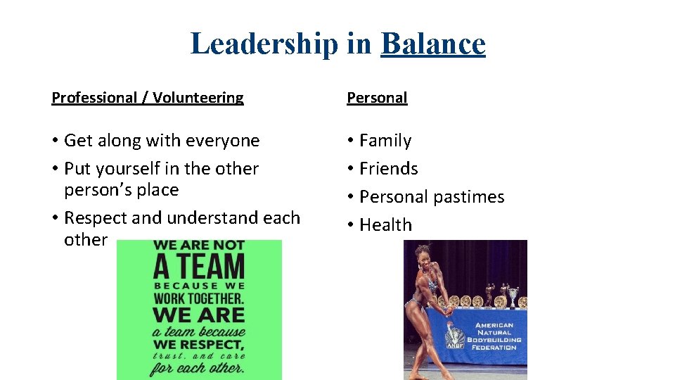 Leadership in Balance Professional / Volunteering Personal • Get along with everyone • Put