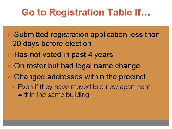 Go to Registration Table If… Submitted registration application less than 20 days before election