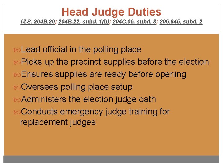 Head Judge Duties M. S. 204 B. 20; 204 B. 22, subd. 1(b); 204