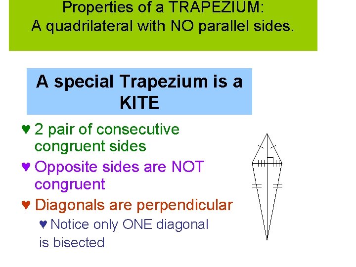 Properties of a TRAPEZIUM: A quadrilateral with NO parallel sides. A special Trapezium is