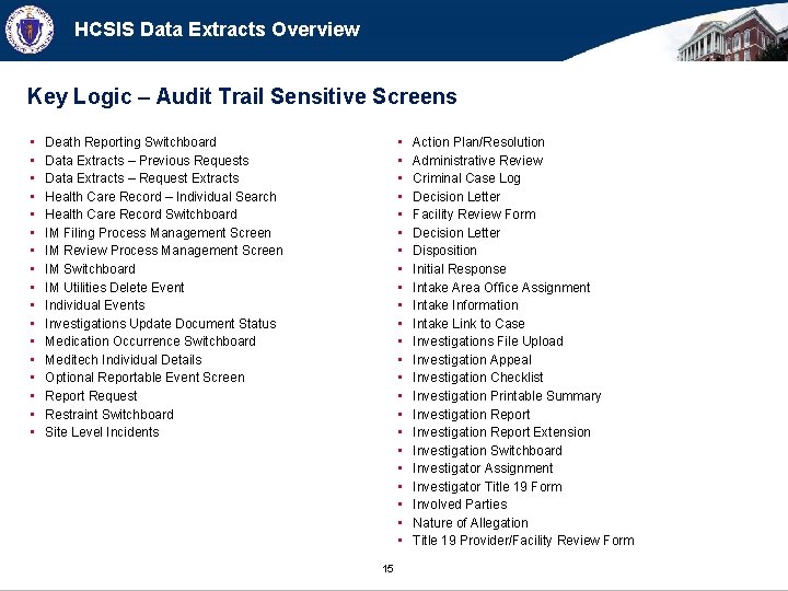 HCSIS Data Extracts Overview Key Logic – Audit Trail Sensitive Screens • • •