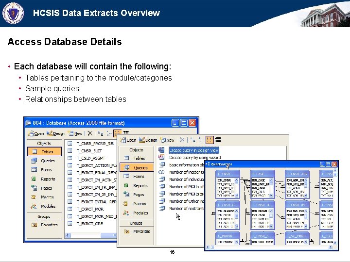 HCSIS Data Extracts Overview Access Database Details • Each database will contain the following: