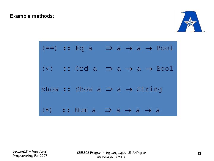 Example methods: (==) : : Eq a a a Bool (<) a a Bool