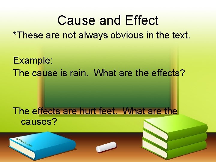 Cause and Effect *These are not always obvious in the text. Example: The cause