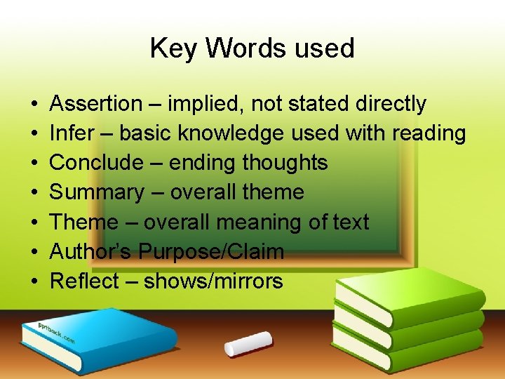 Key Words used • • Assertion – implied, not stated directly Infer – basic