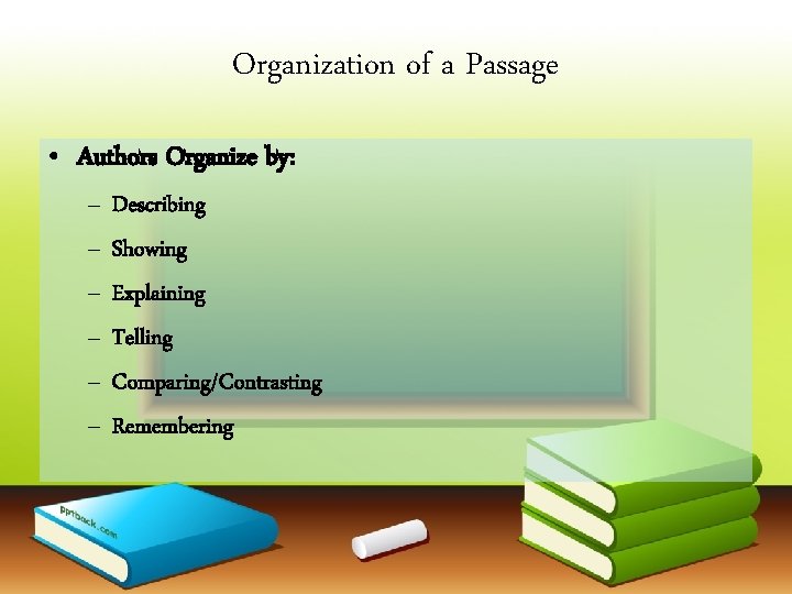 Organization of a Passage • Authors Organize by: – – – Describing Showing Explaining