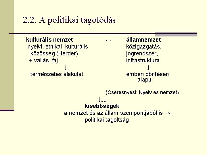 2. 2. A politikai tagolódás kulturális nemzet nyelvi, etnikai, kulturális közösség (Herder) + vallás,