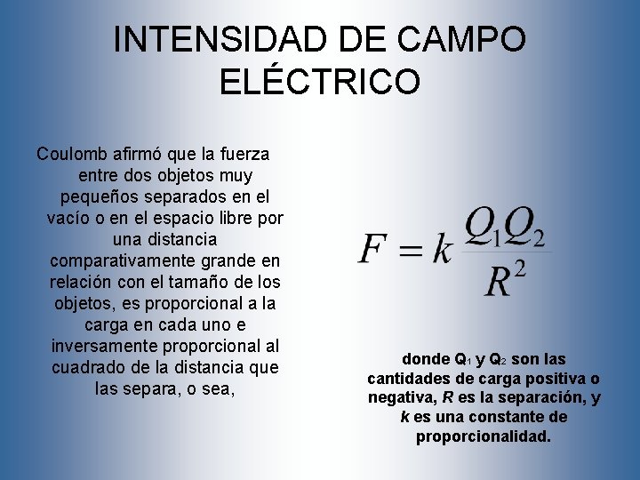 INTENSIDAD DE CAMPO ELÉCTRICO Coulomb afirmó que la fuerza entre dos objetos muy pequeños INTENSIDAD DE CAMPO ELÉCTRICO Coulomb afirmó que la fuerza entre dos objetos muy pequeños