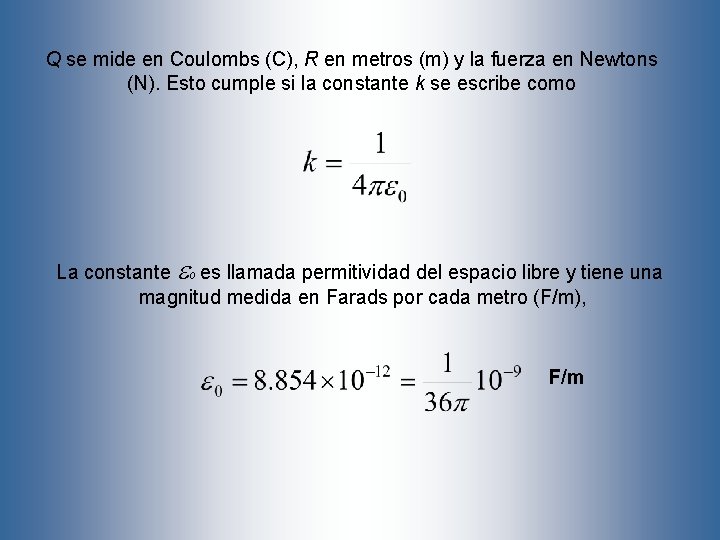 Q se mide en Coulombs (C), R en metros (m) y la fuerza en