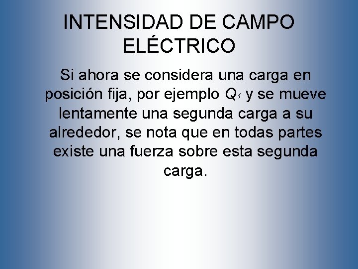 INTENSIDAD DE CAMPO ELÉCTRICO Si ahora se considera una carga en posición fija, por INTENSIDAD DE CAMPO ELÉCTRICO Si ahora se considera una carga en posición fija, por