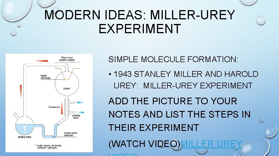 MODERN IDEAS: MILLER-UREY EXPERIMENT SIMPLE MOLECULE FORMATION: • 1943 STANLEY MILLER AND HAROLD UREY: