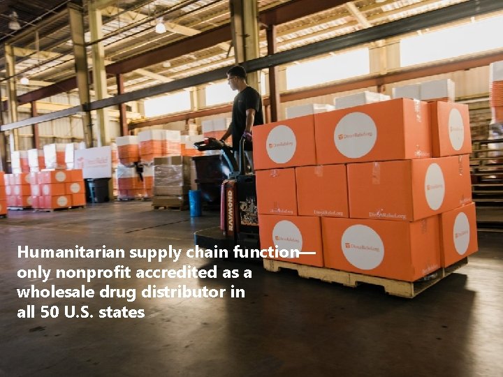 Humanitarian supply chain function— only nonprofit accredited as a wholesale drug distributor in all