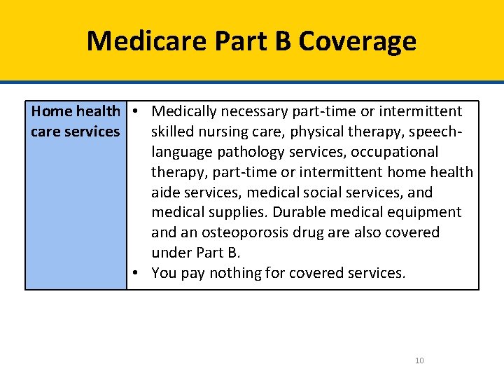 Medicare Part B Coverage Home health • Medically necessary part-time or intermittent care services