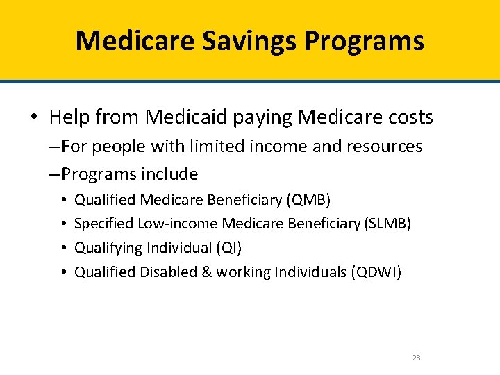 Medicare Savings Programs • Help from Medicaid paying Medicare costs – For people with