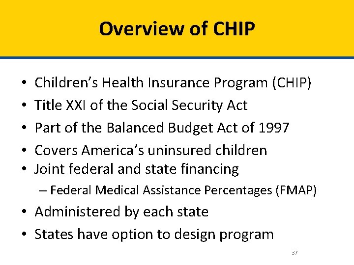 Overview of CHIP • • • Children’s Health Insurance Program (CHIP) Title XXI of
