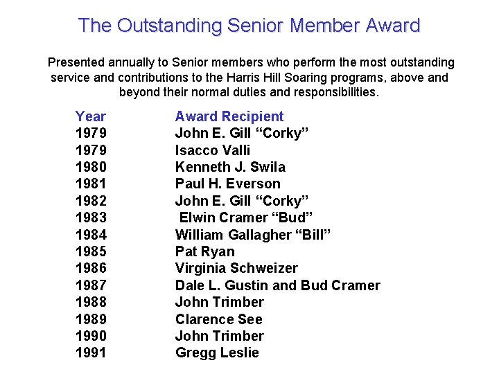The Outstanding Senior Member Award Presented annually to Senior members who perform the most