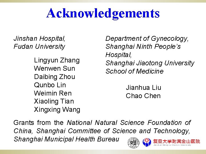 Acknowledgements Jinshan Hospital, Fudan University Lingyun Zhang Wenwen Sun Daibing Zhou Qunbo Lin Weimin
