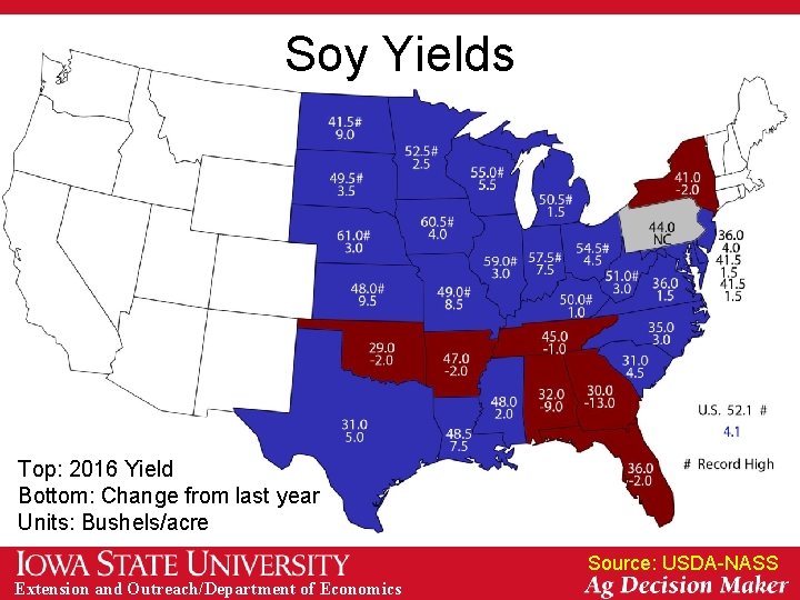 Soy Yields Top: 2016 Yield Bottom: Change from last year Units: Bushels/acre Source: USDA-NASS Soy Yields Top: 2016 Yield Bottom: Change from last year Units: Bushels/acre Source: USDA-NASS