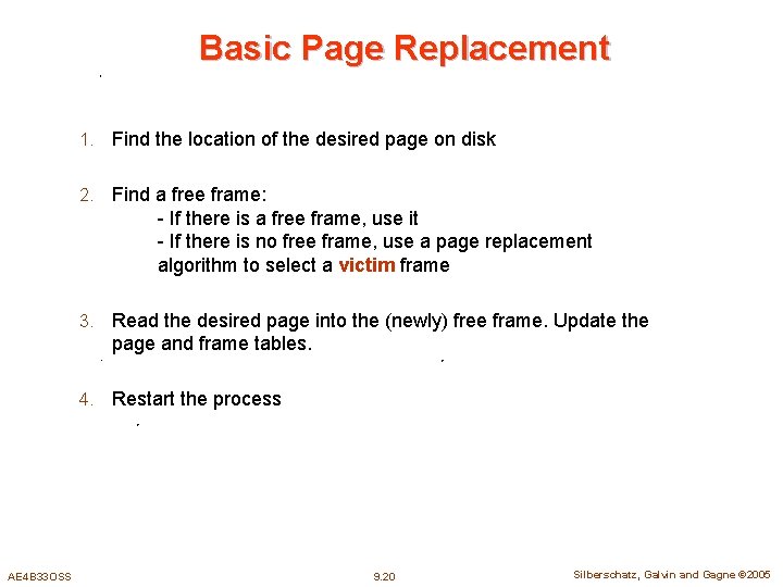 Basic Page Replacement 1. Find the location of the desired page on disk 2.