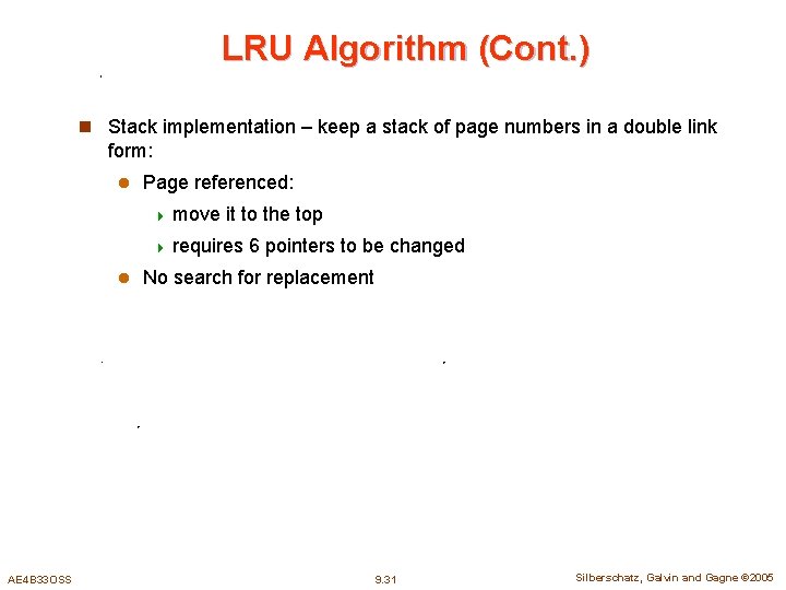 LRU Algorithm (Cont. ) n Stack implementation – keep a stack of page numbers