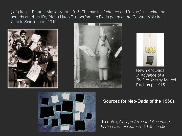 (left) Italian Futurist Music event, 1913, The music of chance and “noise, ” including