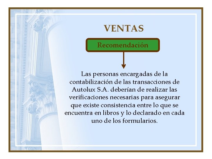 VENTAS Recomendación Las personas encargadas de la contabilización de las transacciones de Autolux S.