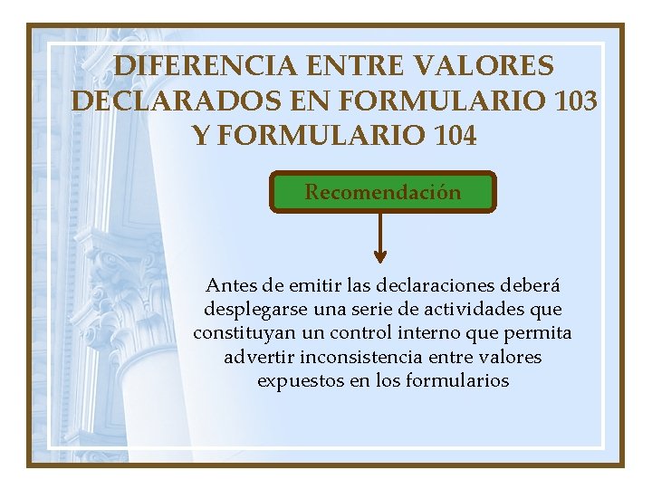 DIFERENCIA ENTRE VALORES DECLARADOS EN FORMULARIO 103 Y FORMULARIO 104 Recomendación Antes de emitir