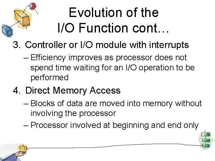 Evolution of the I/O Function cont… 3. Controller or I/O module with interrupts –