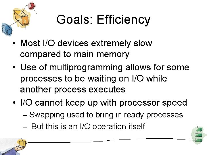 Goals: Efficiency • Most I/O devices extremely slow compared to main memory • Use