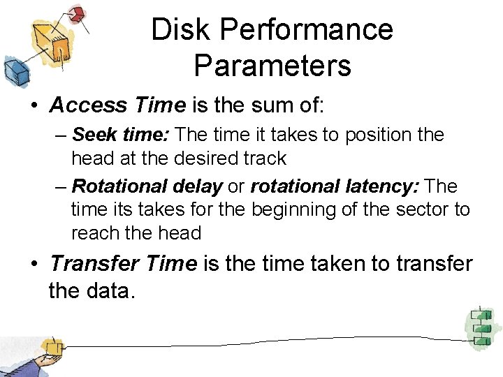 Disk Performance Parameters • Access Time is the sum of: – Seek time: The