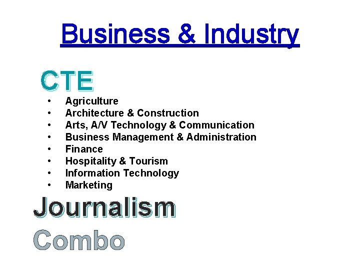 Business & Industry CTE • • Agriculture Architecture & Construction Arts, A/V Technology &