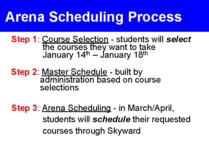 Arena Scheduling Process Step 1: Course Selection - students will select the courses they