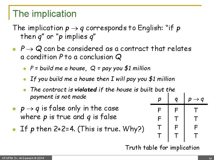 The implication p q corresponds to English: “if p then q” or “p implies
