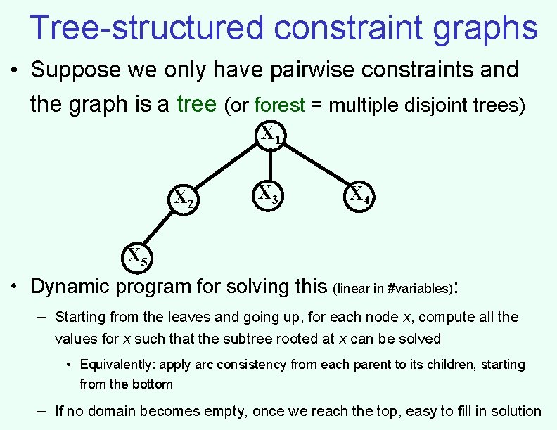 Tree-structured constraint graphs • Suppose we only have pairwise constraints and the graph is