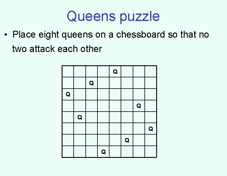 Queens puzzle • Place eight queens on a chessboard so that no two attack