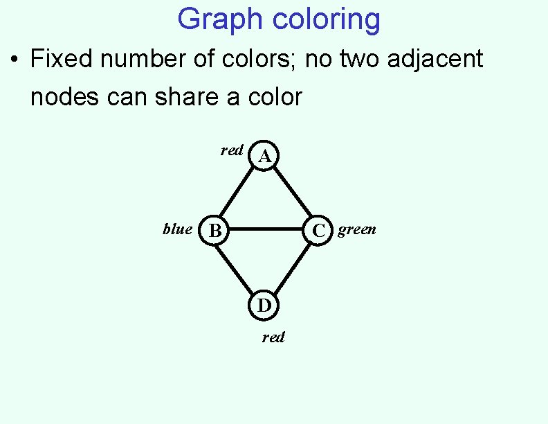 Graph coloring • Fixed number of colors; no two adjacent nodes can share a