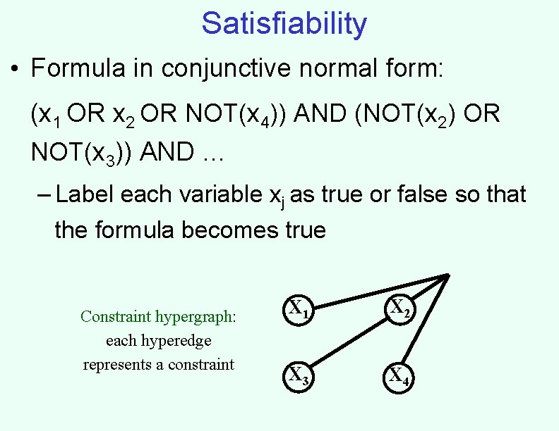 Satisfiability • Formula in conjunctive normal form: (x 1 OR x 2 OR NOT(x