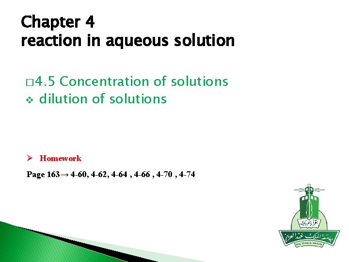Chapter 4 reaction in aqueous solution � 4. 5 v Concentration of solutions dilution