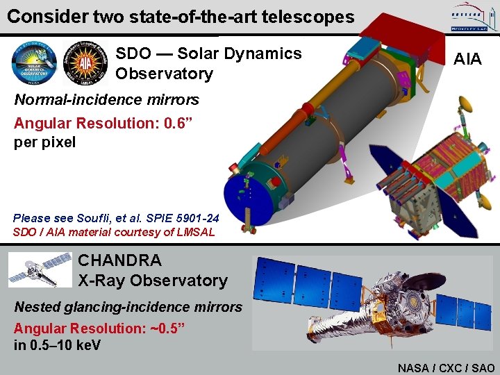 Consider two state-of-the-art telescopes SDO — Solar Dynamics Observatory AIA Normal-incidence mirrors Angular Resolution: