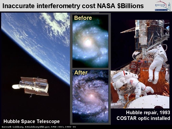 Inaccurate interferometry cost NASA $Billions Before After Hubble Space Telescope Kenneth. Goldberg, KAGoldberg@lbl. gov,