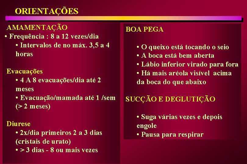 ORIENTAÇÕES AMAMENTAÇÃO • Frequência : 8 a 12 vezes/dia • Intervalos de no máx.