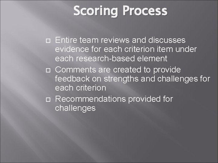 Scoring Process Entire team reviews and discusses evidence for each criterion item under each