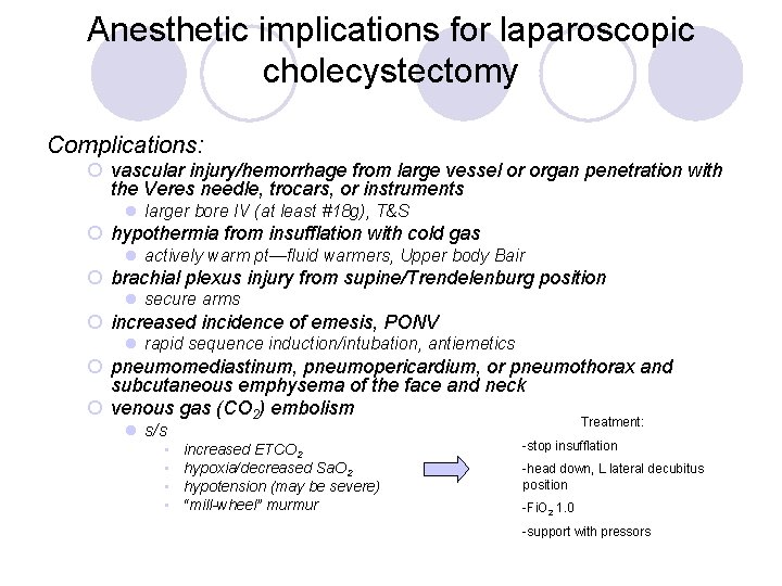 Anesthetic implications for laparoscopic cholecystectomy Complications: ¡ vascular injury/hemorrhage from large vessel or organ Anesthetic implications for laparoscopic cholecystectomy Complications: ¡ vascular injury/hemorrhage from large vessel or organ