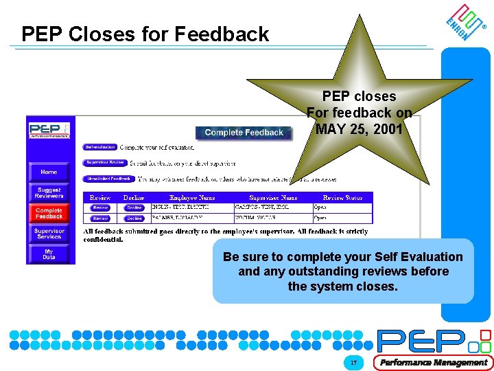 PEP Closes for Feedback ® PEP closes For feedback on MAY 25, 2001 Supervisor PEP Closes for Feedback ® PEP closes For feedback on MAY 25, 2001 Supervisor