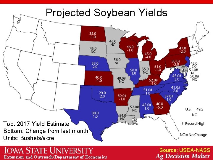 Projected Soybean Yields Top: 2017 Yield Estimate Bottom: Change from last month Units: Bushels/acre