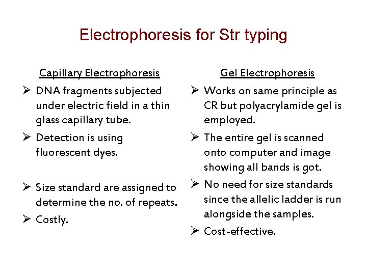 Electrophoresis for Str typing Capillary Electrophoresis Ø DNA fragments subjected under electric field in