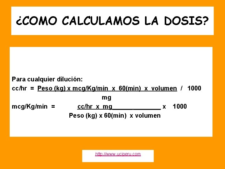 ¿COMO CALCULAMOS LA DOSIS? Para cualquier dilución: cc/hr = Peso (kg) x mcg/Kg/min x