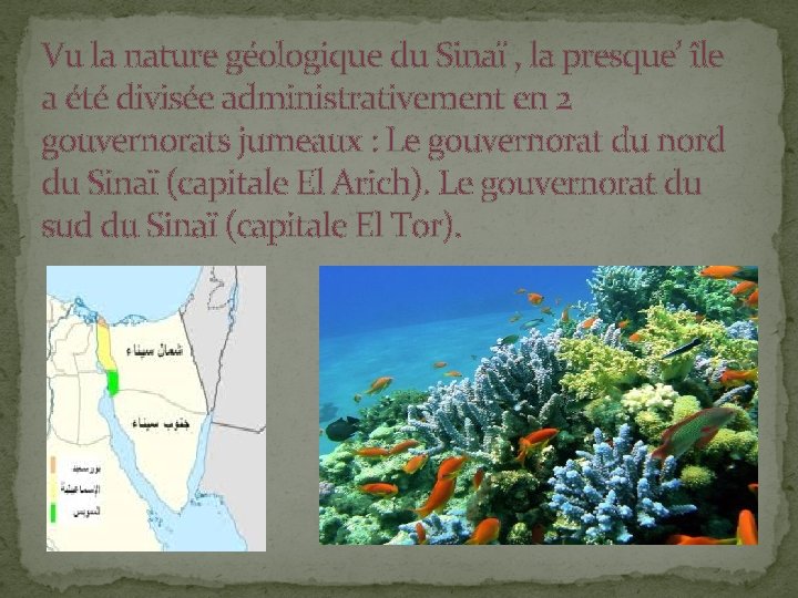Vu la nature géologique du Sinaï , la presque’ île a été divisée administrativement