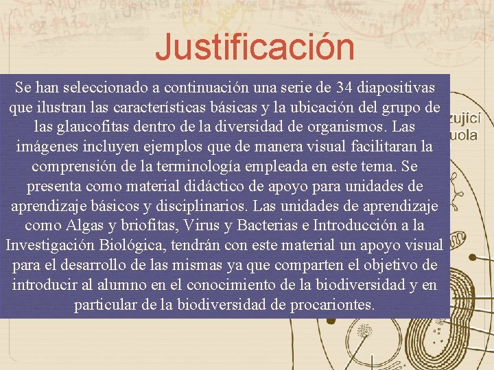 Justificación Se han seleccionado a continuación una serie de 34 diapositivas que ilustran las