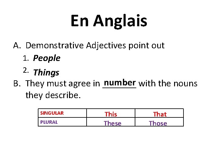 En Anglais A. Demonstrative Adjectives point out 1. People 2. Things number with the